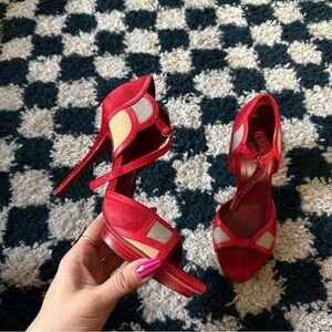 Tory Burch Red and Gray Heels Strappy Design